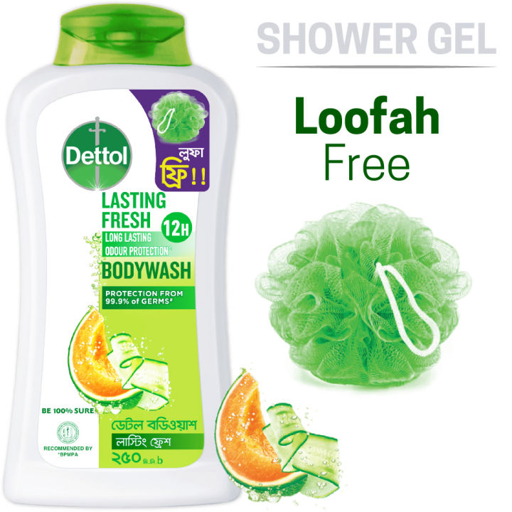 Dettol Body Wash Loofah Free Shower Gel Lasting Fresh with Refreshing Melon & Cucumber Fragrance, 12 Hours Odour Protection 250ml Shower Gel
