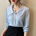White Chiffon Shirt Women Long Sleeve Bandage Dress Chic Top 2023 Spring New Sweet Korean Style Peter Pan Collar Blouse.