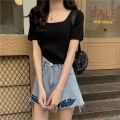 Short Sleeve Square Collar Top Women's Clothing New Spring and Summer Ice Silk Sweater Thin Slim Fit Slimming ins Tide. 