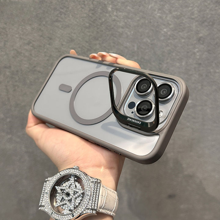 HOCE Invisible Bracket with Lens Film Magnetic Phone Case For iPhone 17 16 15 14 13 12 Pro Max 15 Plus 11 Magsafe Case Lens Kickstand Clear TPU Protector Cover