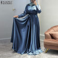 ZANZEA Muslimah Women Muslim V Neck Belt Long Sleeve Plain Satin Party Maxi Dress.
