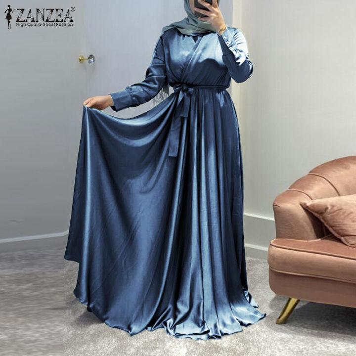 ZANZEA Muslimah Women Muslim V Neck Belt Long Sleeve Plain Satin Party Maxi Dress