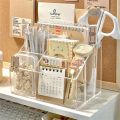 Student Children Transparent Desk Pen Holder Multifunction Large Capacity Pencil Storage Box 5-Grid Acrylic Stationery Organizer Desktop. 