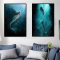 Siren Mermaid Fantasy Ocean Art Painting Print Canvas Poster Black Green Sea Underwater Cave Picture Living Room Home Wall Decor. 