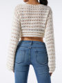 Jumperjuser-Women's Hollow Out Crop Tops, Long Sleeve Round Neck Solid Color Loose Knitted T-Shirts. 