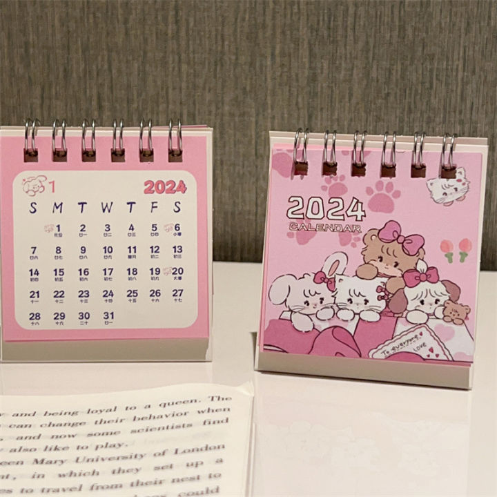 2024 Cartoon Pink Cat Desk Calendar Mini Cute Standing Flip Desktop Calendar Small Daily Planning Monthly Calendar For Home