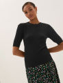 Ladies Short Sleeve Ribbed Crew Neck Knitted Sweater From Levin. 