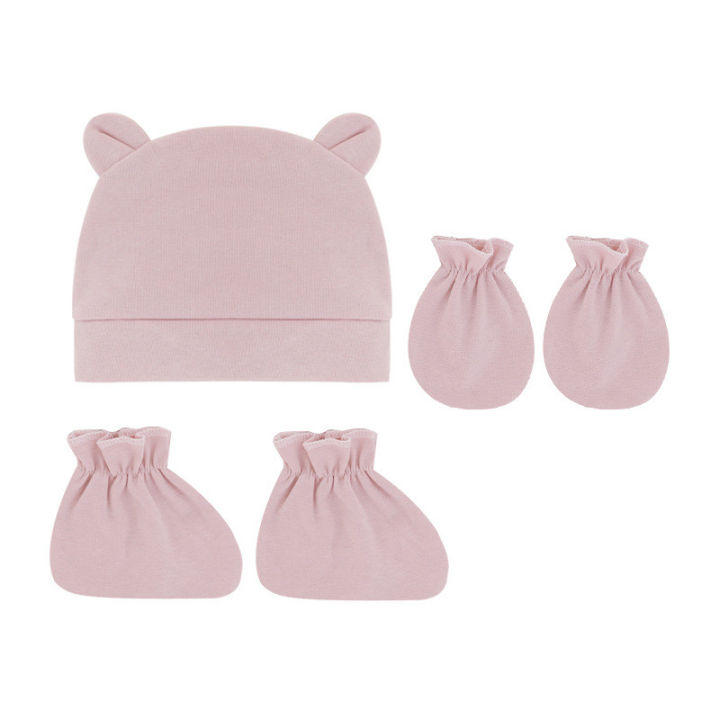 5pcs/lot Newborn Baby Cotton Beanies Hospital Hat and Mittens Set Solid Candy Color Stretchy Infant Warm Cap Gloves 0-1 Years Ol