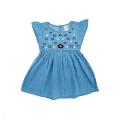 Girls Summenr denim  Frock with Embroidery Sky Blue. 