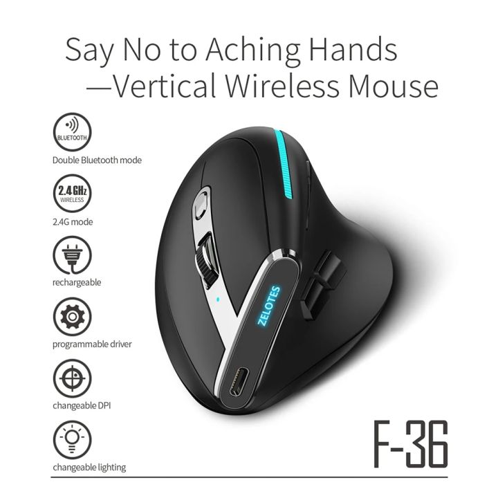 F-36 2.4G Bluetooth-compatible Mice 2400 DPI 8 Buttons Ergonomic Vertical Mouse for Computer Laptop Desktop Accessories