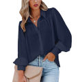 Women's Clothing Lantern Sleeve Pleated Solid Standing Collar Loose Shirt Long-Sleeved For Women Top. 