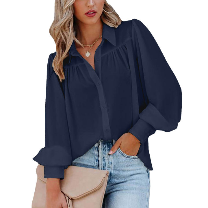Women's%20Clothing%20Lantern%20Sleeve%20Pleated%20Solid%20Standing%20Collar%20Loose%20Shirt%20Long-Sleeved%20For%20Women%20Top%20-%20Image%203