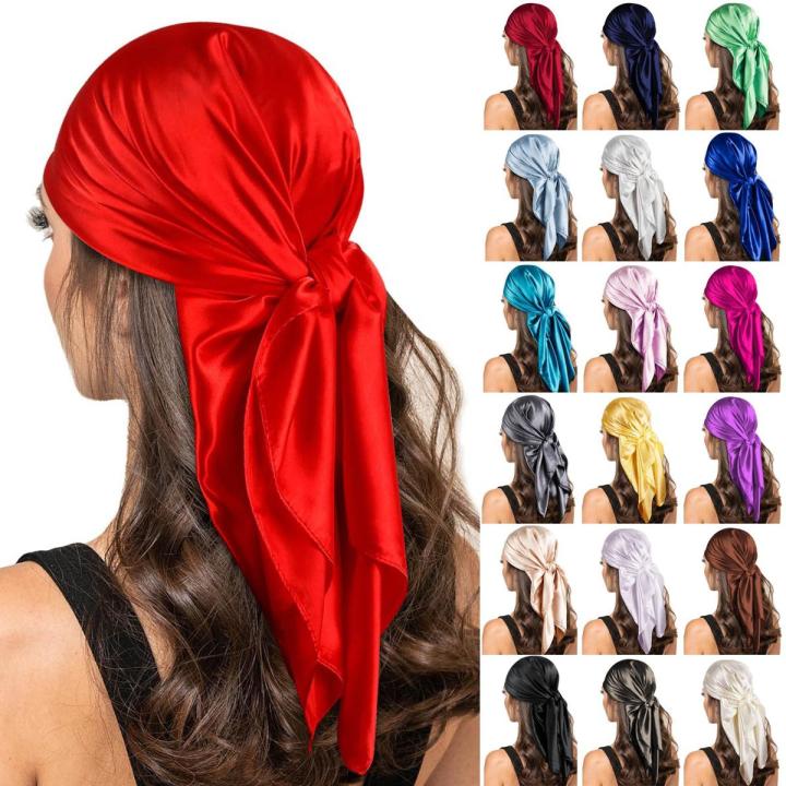 90*90cm Solid Color Satin Square Scarf Fashion Beach Women Head Wrap Spring Summer Shawl Ladies Foulard Bandanna Muffler Hijab
