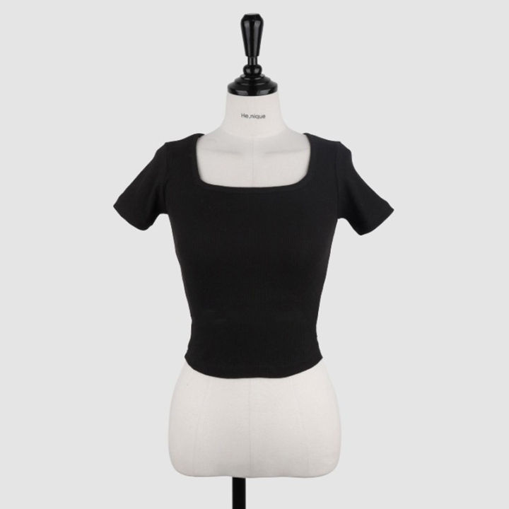 6%20Color%20Selection%20~%20Square%20Collar%20Skinny%20Slimming%20Short%20Short%20Sleeve%20T%20T-shirt%20Women's%20Top%20Show%20Waist%20Korean%20Style%20Pure%20Desire%20Style%20Slim%20Fit%20Slimming%20-%20Image%206