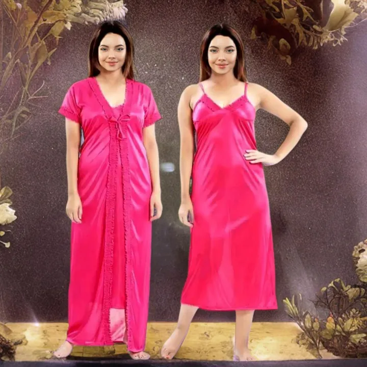 Sleep in Style with Women's Two Part Long Solid Pink Night Dress Set-Blush Pink