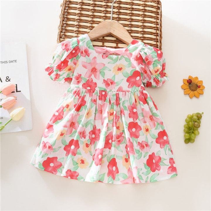 (New) flower print back ribbon bow tie infant dress summer new girls' baby bubble sleeve dress sweet girl CHILDREN'S clothing suitable for 0-3 years old