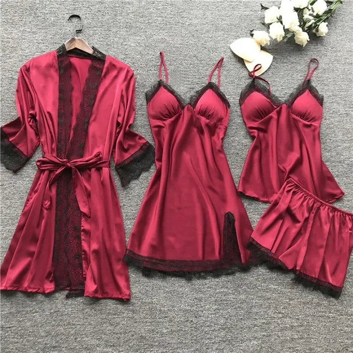 Women%20Satin%20Pajama%20Set%20Solid%20Lace%20Straps%20Silk%20Sleepwear%20with%20ChPads%20y%20suspender%20pajamas%20party%20daily%20cute%20date%20pajamas%20set%20-%20Image%203