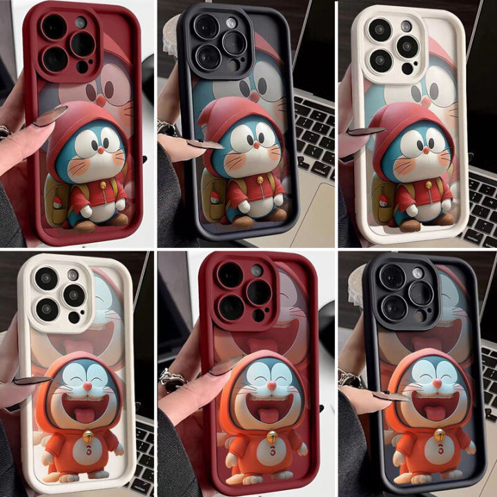 Phone Case For Oppo A16 A17 A53 A55 A18 A38 A76 A74 A12 A54s A1k A77 A95 A3s A5s A16s A31 A52 A16K A96 A17k A9 A16E A77s Casing Cute Smile Angel Eyes Cartoon Doraemon Wine Red Soft Fashion Shockproof Silicone Cover Couple
