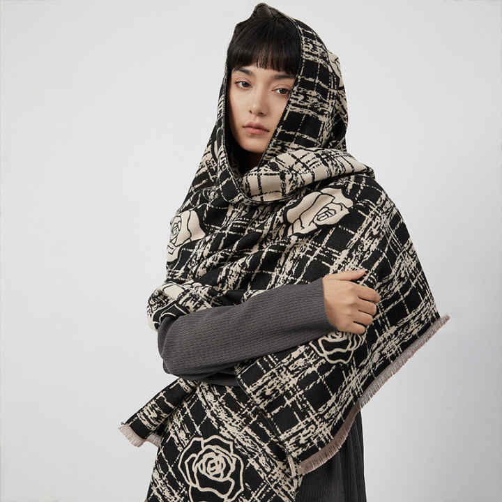 Sense of luxury, temperament, imitation cashmere scarf, women's small fragrance, double-sided rose, tide shawl, imitation cashmere thickened