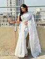 White Color Exclusive Design Half Silk Glitter Print Saree For Women. 