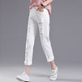 Ripped jeans cropped pants women's black and white loose student light color bf beggar pants spring new harlan 9 point pants.