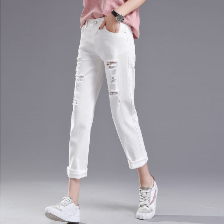 Ripped%20jeans%20cropped%20pants%20women's%20black%20and%20white%20loose%20student%20light%20color%20bf%20beggar%20pants%20spring%20new%20harlan%209%20point%20pants%20-%20Image%203
