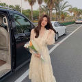 V neck elegant sweet dress women long sleeve chiffon floral party beach dress for girls Korean style 2021 summer chic. 