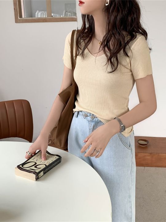 AOSSVIAO%202023%20Basic%20V-neck%20Solid%20Thin%20Summer%20Pullover%20Women%20Female%20Knitted%20Ribbed%20Sweater%20Slim%20Short%20Sleeve%20Bodycon%20Sweater%20-%20Image%206