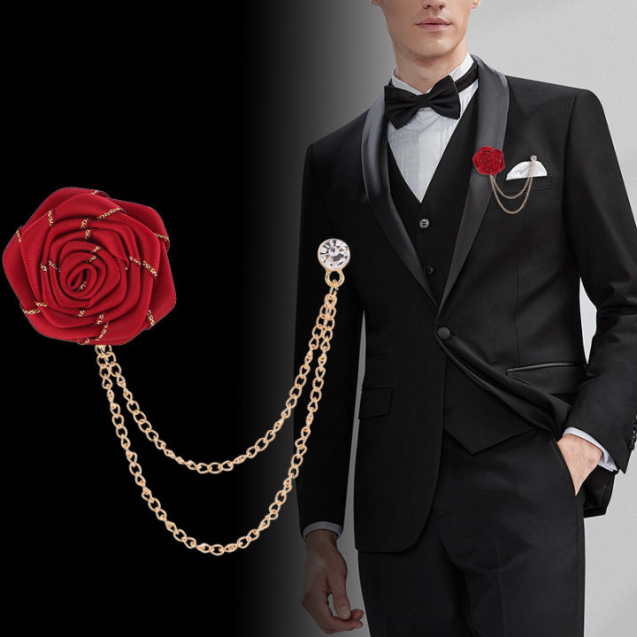 Wedding Ribbon Rose Flower Brooch Lapel Pin For Men's Suit Accessories
