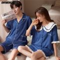 Button Lovers Pijamas Fashion His and Hers Shorts Sleepwear Summer Japanese Kimono Style Turn-down Collar Cotton Couple Pajamas. 