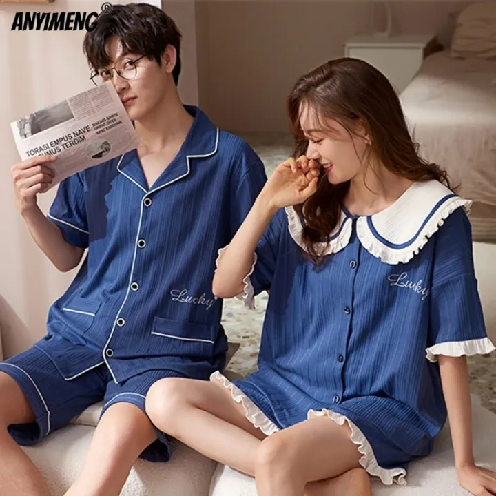 Button%20Lovers%20Pijamas%20Fashion%20His%20and%20Hers%20Shorts%20Sleepwear%20Summer%20Japanese%20Kimono%20Style%20Turn-down%20Collar%20Cotton%20Couple%20Pajamas%20-%20Image%204