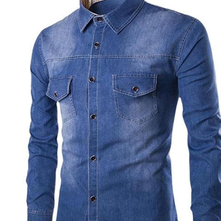 Men's summer blue short-sleeved denim shirt. Regular size. Casual, trendy street style. (Available)