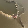 Trend Tassel Pearl Crystal Patchwork Necklace Sweet Fashion Clavicle Chain Cute Pink Pendant Necklaces for Women Girls Jewelry Gift.
