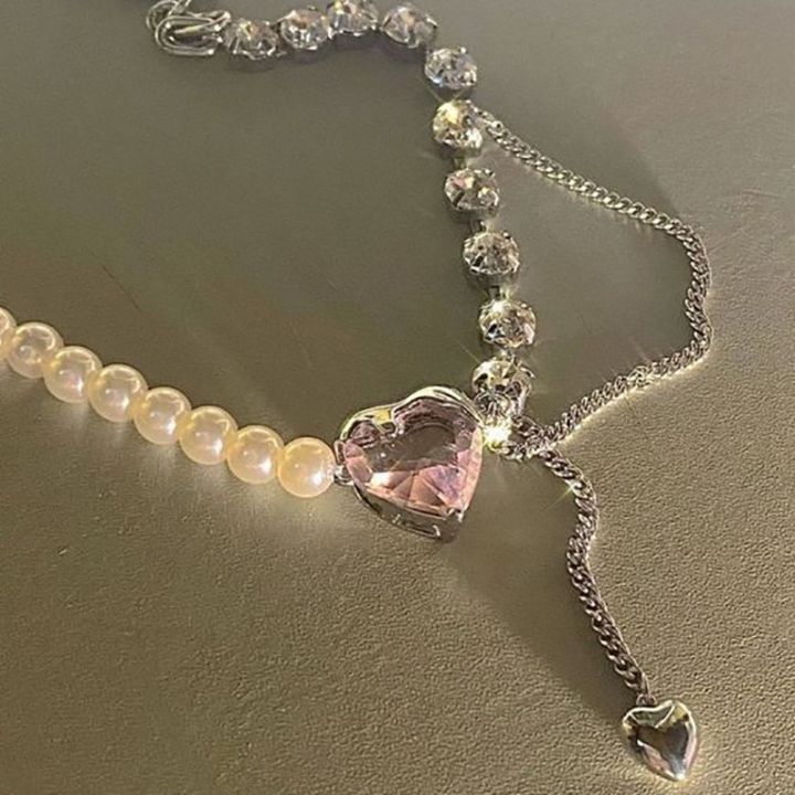 Trend Tassel Pearl Crystal Patchwork Necklace Sweet Fashion Clavicle Chain Cute Pink Pendant Necklaces for Women Girls Jewelry Gift