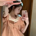 Shirt Women's Summer New Korean Style Versatile Sweet Style Lace Doll Stitching Plaid Slimming Short Sleeve Top.