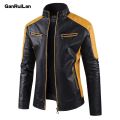 Autumn Winter Leisure Motorcycle Stitching Pu Leather Jacket Men's Fashion Stand-up Collar Retro Warm PU Leather Jacket Coats. 