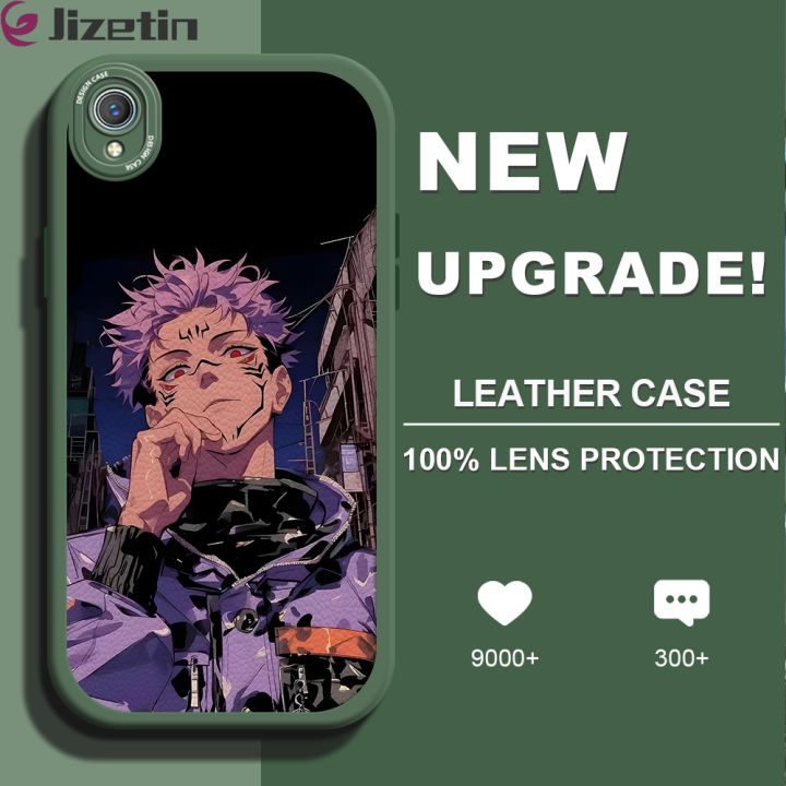 Jizetin for Vivo Y1S Y91C Y90 Back Cover Ryomen Sukuna Lambskin Texture PU Leather Back For Girls Boys Soft Phone Case
