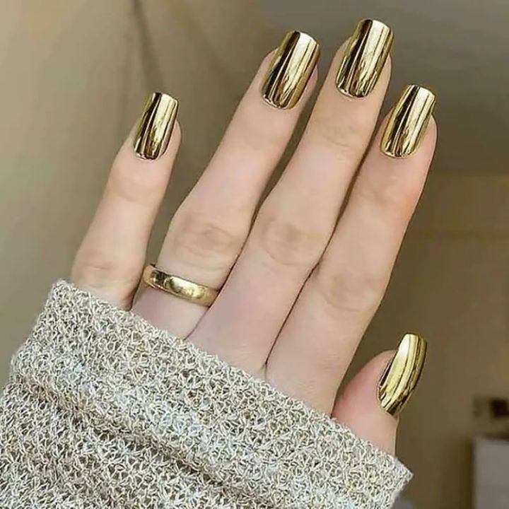 24pcs/set short nails metallic red black rose green blue silver golden square tips mirror effect press on false nail art