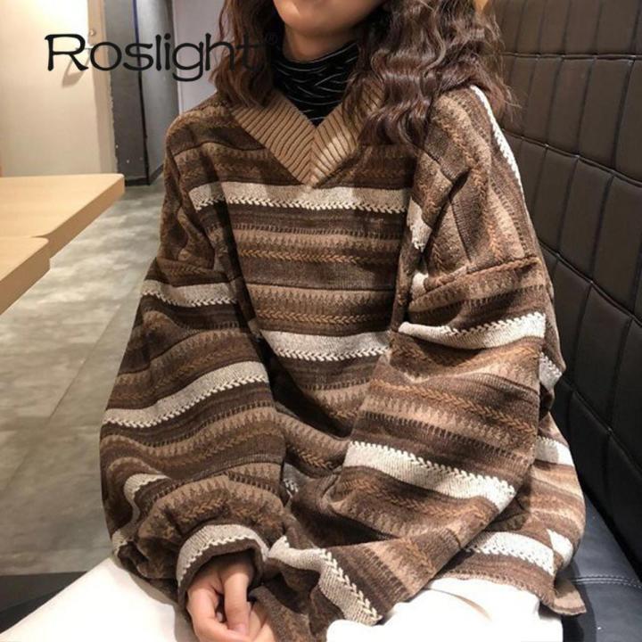 Knitted Sweaters Women Casual V Neck Stripe Pullover Sweater Autumn-winter  Retro Jumper Harajuku Oversized Loose Sweater