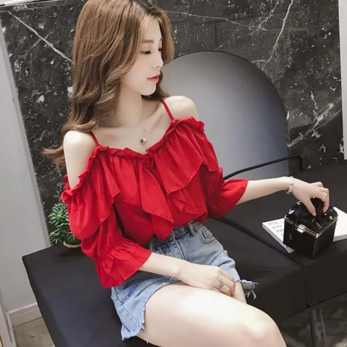 Off-Neck%20Sling%20Shirt%20Ruffled%20off-Shoulder%20Top%20Trendy%20Loose2023Summer%20New%20Women's%20Korean%20Style%20Slimming%20-%20Image%204