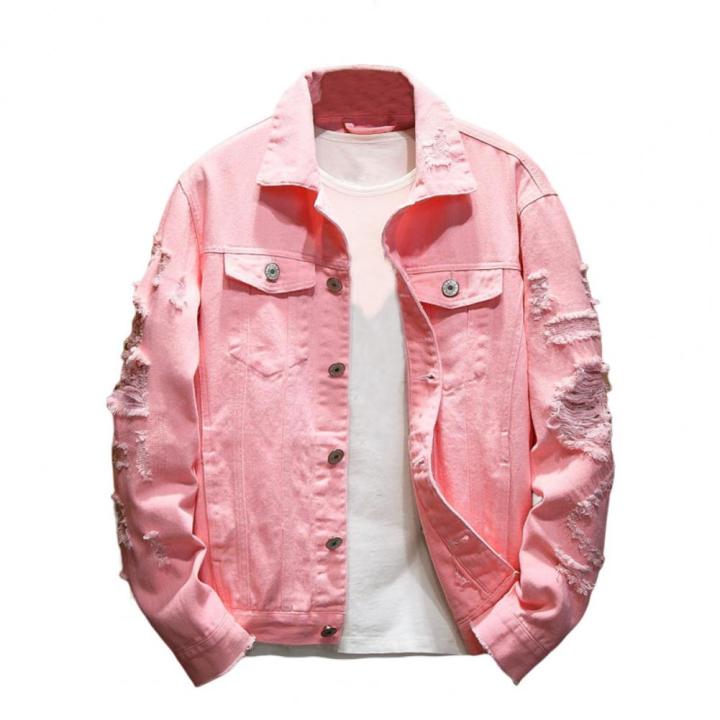 New%202024%20Men's%20Fashion%20Jeans%20Jacket%20Solid%20Spring%20Autumn%20Cotton%20Denim%20Jacket%20Men%20White%20Black%20Pink%20Ripped%20Hole%20Jean%20Coats%20Male%20-%20Image%207