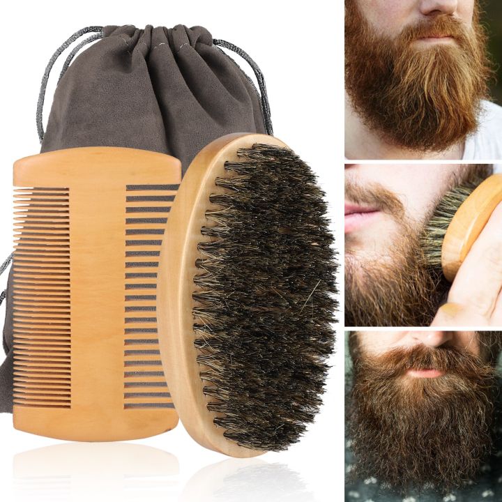 Beard Brush Mustache Comb Kit Boar Bristle Beard Brush Wooden Grooming Comb Facial Hair Care Gift Set For Men's Beard Styling