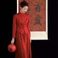 Long sleeved toasting gown for the bride 2024, wine red cheongsam, new Chinese banquet, small stature engagement dress, back in style.
