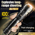 White Laser LED Flashlight 800mAh 10W Rechargeable 3000 Lumens with Digital Display, Zoom & Multi-Mode Outdoor Torch. 