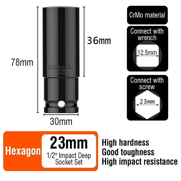 HARDEN 23mm Impact Long Socket 1/2" Drive 78mm long Deep Socket 536553