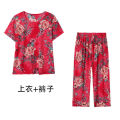 Mom Summer Clothes Ice Silk Two-Piece Suit Middle-Aged and Elderly Women's Clothing Stylish Trendy Top Middle-Aged Women Summer Grandma's Suit.