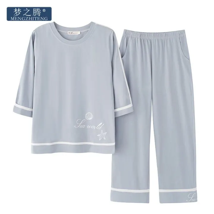 Mengzhiteng%20Korean%20Style%20Japanese%20Style%20Pajamas%20Women's%20Summer%20and%20Autumn%20Cotton%20Cropped%20Sleeves%20Pullover%20Outerwear%20Homewear%20Suit%20-%20Image%205