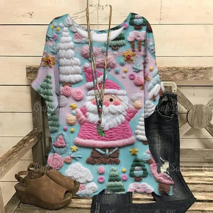 Christmas%20Elk%20Print%20Women's%20T-Shirt%20Autumn%20Winter%20Fashion%20Clothing%20Oversized%20O-Neck%20Ladies%20Short%20Sleeve%20Tops%20Casual%20Pullover%20Tee%20-%20Image%205