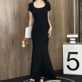 【Simeda】Summer French Style Slim-Fit round Neck Western Style Pure Style Long Dress Waist-Tight Elegant Slimming Sheath Dress.