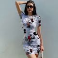 2023 New Disney Mickey Mouse Print Dress Women Summer O Neck Tight Skirt Ladies Casual Dress Fashion Cartoon Age Reducing Dress. 